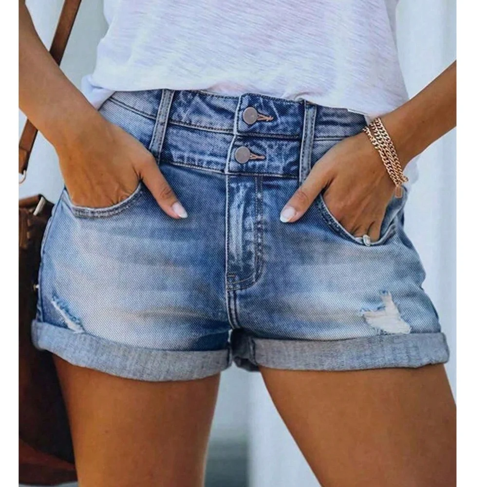Light Wash Distressed Cuff Double Button Fly Denim Jean Shorts